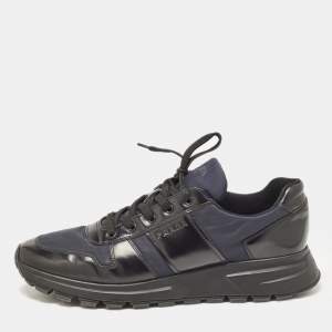 Prada Black/Navy Blue  Leather and Nylon Low Top Sneakers Size 44.5