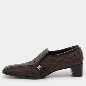 Prada Brown Ostrich Leather Belted Loafers Size 40.5