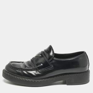 Prada Black Brushed Leather Logo Loafers Size 42