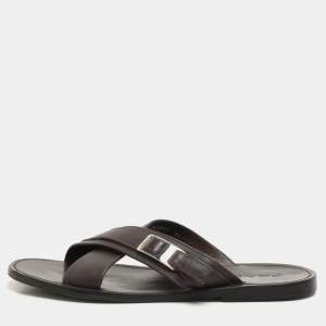 Prada Brown Leather Crisscross Slide Sandals Size 43.5