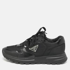 Prada Black Leather and Nylon Triangle Logo Low Top Sneakers Size 42
