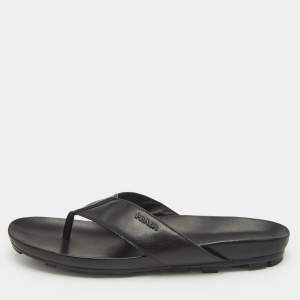 Prada Black Leather Thong Flat Sandals Size 46