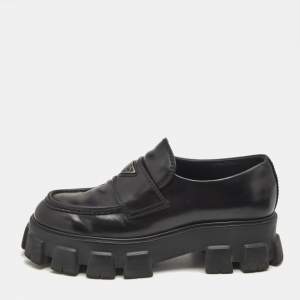 Prada Black Brushed Leather Monolith Loafers Size 42