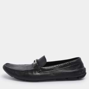 Pre Owned Prada Black Leather Logo Slip On Loafers Size 46