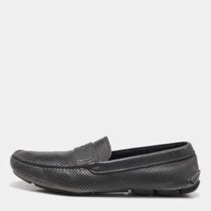 Pre Owned Prada Dark Grey Perforated Leather Slip On Loafers Size 43.5