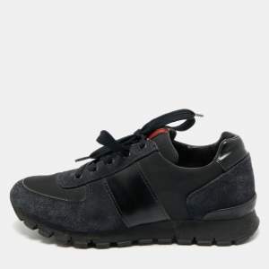 Pre Owned Prada Black/Navy Blue Canvas and Leather Match Racer Lace Up Sneakers Size 39.5