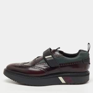 Pre Owned Prada Burgundy Brogue Leather and Fabric Velcro Oxfords Size 43.5