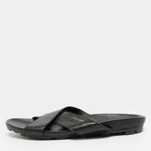 مملوكة مسبقًا Prada  Size 43.5 Black Leather Crisscross Flat Slides