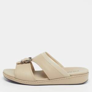 Pre Owned Prada Size 44.5 Cream Leather Double Strap Flat Sandals