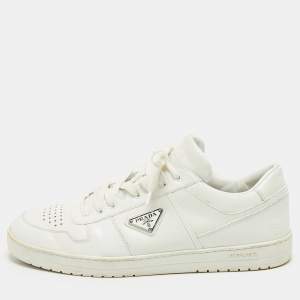 Pre Owned Prada Size 45 White Leather Triangle Logo Plague Lace Up Sneakers