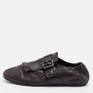 Pre Owned Prada Shuffle Fringed Size 40 Dark Brown Leather Single Flap Monk Strap Shoes