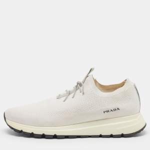 Pre Owned Prada Prax Size 42.5 White Knit Fabric Low Top Sneakers