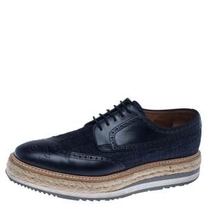  Prada Blue Denim And Brogue Leather Espadrille Derby Sneakers Size 42.5