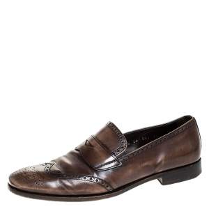 Prada Brown Brogue Leather Penny Slip On Loafers Size 41
