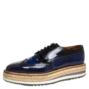 Prada Blue/Black Brogue Leather Derby Espadrille Sneakers Size 41
