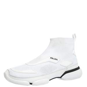 Prada White Knit Fabric And Rubber High Top Slip On Sneakers Size 41.5