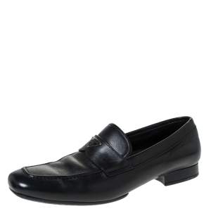 Prada Black Leather Logo Embellished Slip On Loafers Size 42