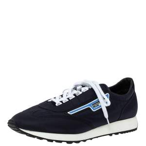 Prada Dark Blue Nylon Logo Embellished Lace Up Sneakers Size 43