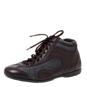 Prada Brown/Grey Leather And Mesh High Top Sneakers Size 40