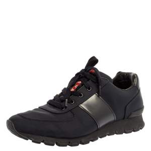 Prada Navy Blue/Black Nylon and Leather Lace Low Top Sneakers Size 43