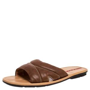 Prada Sports Brown Leather Flat Slide Sandals Size 42