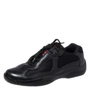Prada Black Leather And Fabric Low Top Sneakers Size 40.5