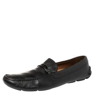 Prada Black Leather Logo Embellished Loafers Size 46