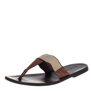 Prada Brown Leather And Fabric Thong Sandals Size 43.5