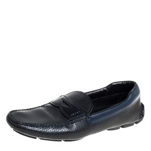 Prada Black/Blue Perforated Leather Penny Slip On Loafers Size 41