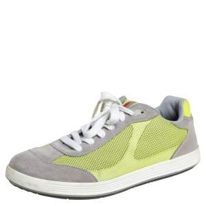 Prada Grey/Neon Green Suede and Mesh Lace Up Low Top Sneakers Size 43