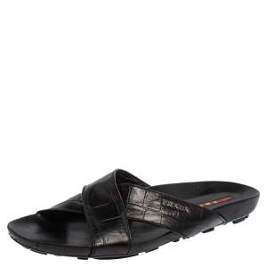 Prada Black Croc Embossed Leather Criss Cross Slide Sandals Size 44.5