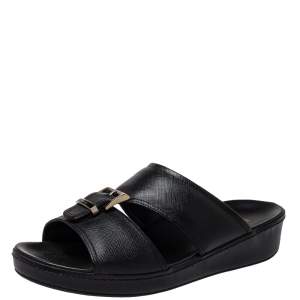 Prada Black Leather  Buckle Slide Flat Sandals Size 41.5