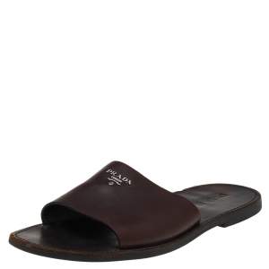 Prada Dark Brown Leather Slide Flat Sandals Size 43