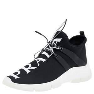 Prada Black Logo Knit Fabric Low Top Sneakers Size 39