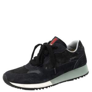 Prada Navy Blue Camouflage Canvas And Suede Sneakers Size 37.5