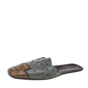 Prada Grey/Beige Ostrich Leather And Lizard Leather Flat Mules Size 43
