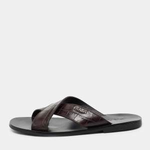 Prada Brown Croc Embossed Leather Crisscross Flat Sandals Size 40