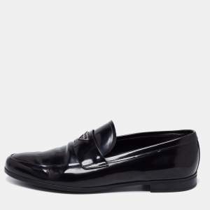 Prada Black Leather Logo Plaque Loafers Size 43