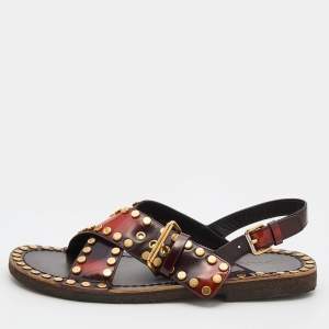 Prada Two Tone Leather Studded Criss Cross Flat Sandals Size 44.5