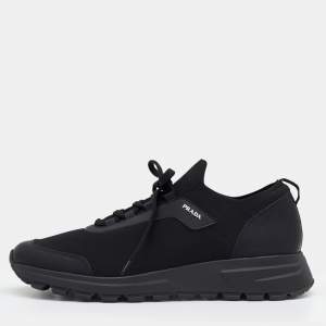 Prada Black Stretch Knit and Leather Prax Low Top Sneakers Size 42