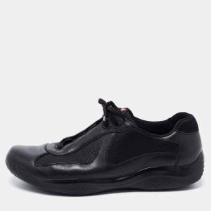 Prada Black Leather And Knit Fabric Low Top Sneakers Size 45