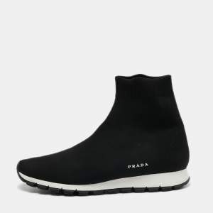 Prada Black Knit Fabric Logo Sock Runner High Top Sneakers Size 41