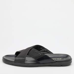 Prada Black leather and Nylon Crisscross Flat Slides Size 43