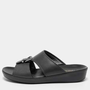 Prada Dark Grey Leather Buckle Slide Flat Sandals Size 44