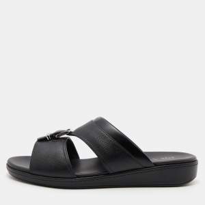 Prada Black Saffiano Leather Buckle Slide Flat Sandals Size 45.5