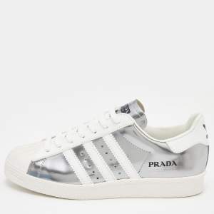 Prada x Adidas White/Silver Leather Superstar Low Top Sneakers Size 39 1/3