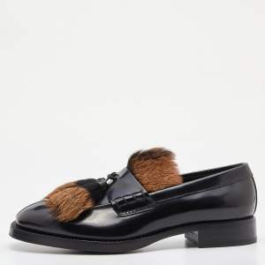 Prada Black Leather and Calf Hair Tassel Slip on Loafers Size 42.5