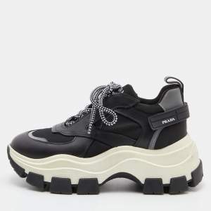 Prada Black/Grey Leather and Fabric Low Top Sneakers Size 39