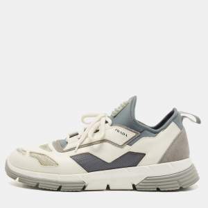 Prada White/Grey Leather and Mesh Low Top Sneakers Size 42.5