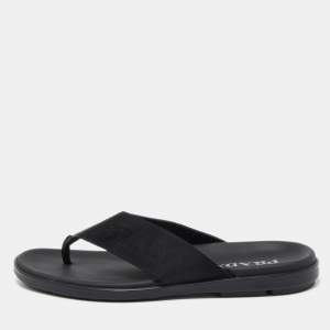 Prada Black Fabric and Leather Thong Flat Sandals Size 42
